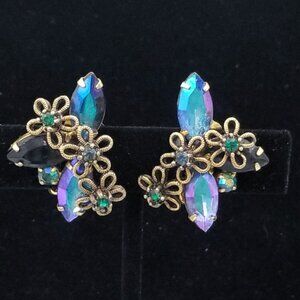 Vintage Ab Rhinestone Peacock Gold Filigree Clip-On Earrings Blue Purple Aurora